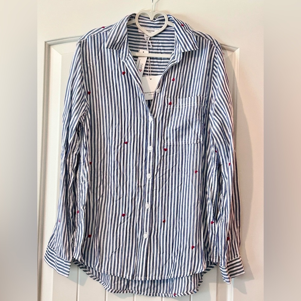beachlunchlounge Navy & White Striped Button-Down Shirt with Red Hearts